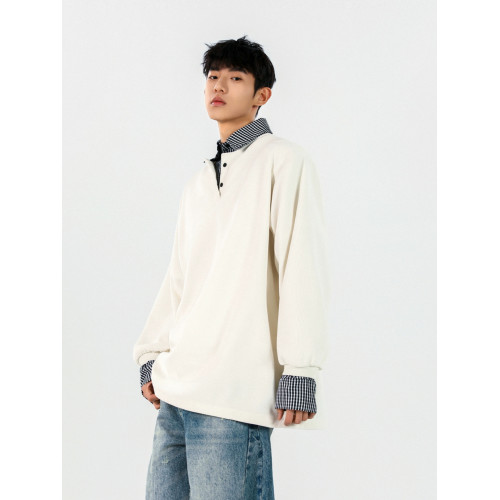 悟空有貨潮牌格子假兩件拼接翻領衛衣男復古寬松情侶百搭POLO上衣 悟空有貨潮牌格子假兩件拼接翻領衛衣男復古寬松情侶百搭POLO上衣