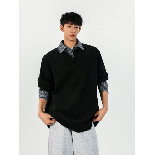 悟空有貨潮牌格子假兩件拼接翻領衛衣男復古寬松情侶百搭POLO上衣 悟空有貨潮牌格子假兩件拼接翻領衛衣男復古寬松情侶百搭POLO上衣