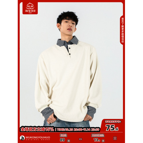 悟空有貨潮牌格子假兩件拼接翻領衛衣男復古寬松情侶百搭POLO上衣 悟空有貨潮牌格子假兩件拼接翻領衛衣男復古寬松情侶百搭POLO上衣