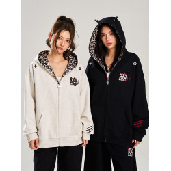 NSTNEW START髮芽計劃小惡魔豹紋拉鍊外套美式男女情侶連帽衛衣潮