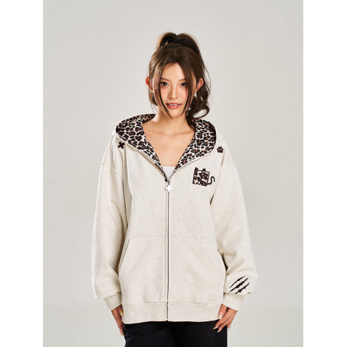 NSTNEW START髮芽計劃小惡魔豹紋拉鍊外套美式男女情侶連帽衛衣潮