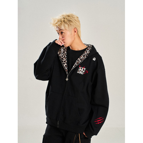 NSTNEW START髮芽計劃小惡魔豹紋拉鍊外套美式男女情侶連帽衛衣潮