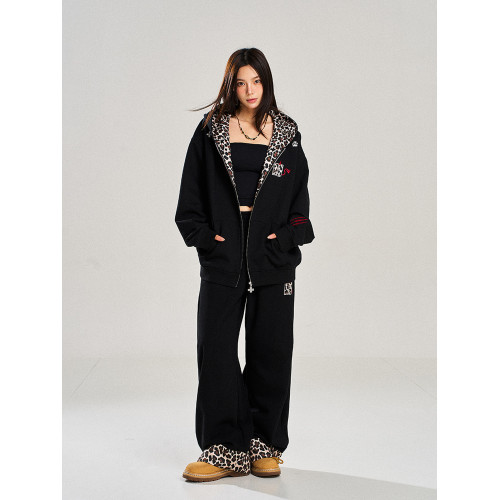 NSTNEW START髮芽計劃小惡魔豹紋拉鍊外套美式男女情侶連帽衛衣潮