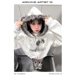 ARAR01原創“波點貓狗”毛領拉鍊衛衣印花重磅國潮秋連帽男女寬鬆