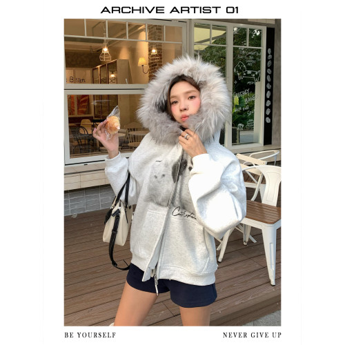 ARAR01原創“波點貓狗”毛領拉鍊衛衣印花重磅國潮秋連帽男女寬鬆