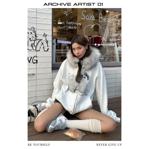 ARAR01原創“波點貓狗”毛領拉鍊衛衣印花重磅國潮秋連帽男女寬鬆