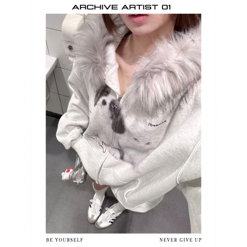 ARAR01原創“波點貓狗”毛領拉鍊衛衣印花重磅國潮秋連帽男女寬鬆