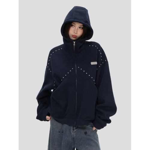 INSstudios 國潮情侶美式「拼接鉚釘拉鍊衛衣」寬松連帽加絨外套