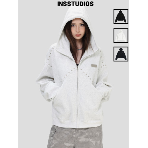 INSstudios 國潮情侶美式「拼接鉚釘拉鍊衛衣」寬松連帽加絨外套