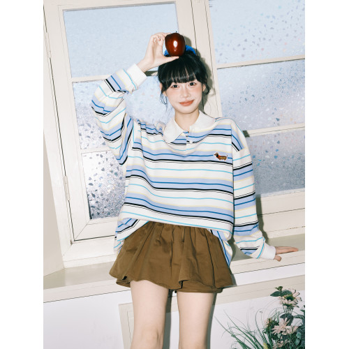 lemanism臘腸小狗條紋撞色翻領衛衣男款POLO衫潮牌秋季長袖T恤女 lemanism臘腸小狗條紋撞色翻領衛衣男款POLO衫潮牌秋季長袖T恤女