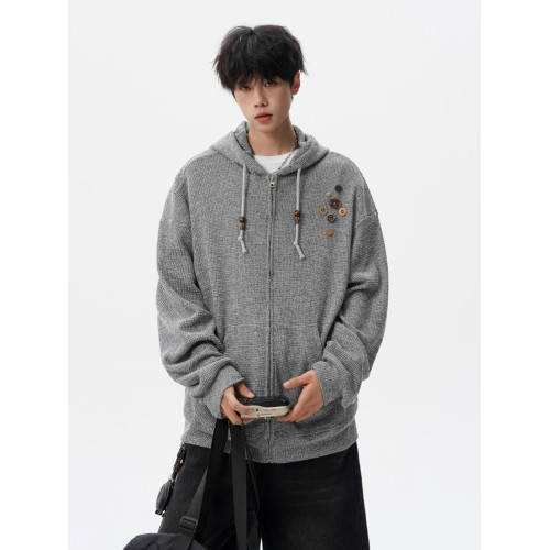 美式針織長袖衛衣男女秋季潮牌紐釦設計情侶外套復古寬松開衫上衣 美式針織長袖衛衣男女秋季潮牌紐釦設計情侶外套復古寬松開衫上衣