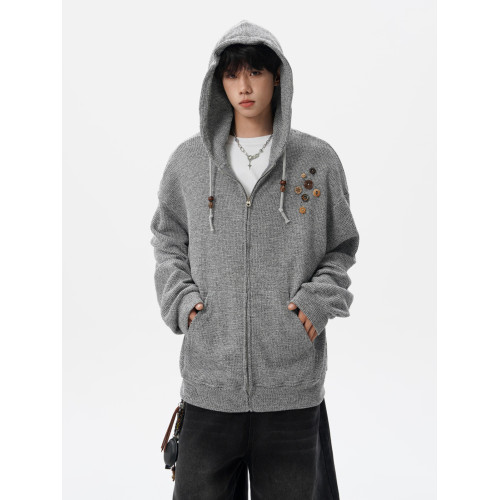 美式針織長袖衛衣男女秋季潮牌紐釦設計情侶外套復古寬松開衫上衣 美式針織長袖衛衣男女秋季潮牌紐釦設計情侶外套復古寬松開衫上衣