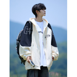 美式撞色提花開衫衛衣男款春秋冬季潮牌寬松休閒大碼男生連帽外套