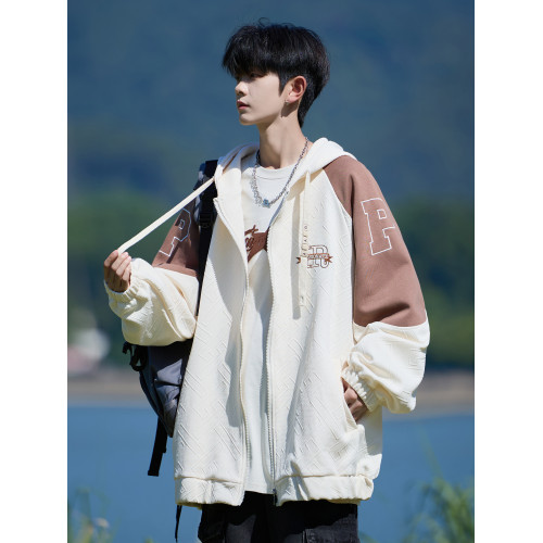 美式撞色提花開衫衛衣男款春秋冬季潮牌寬松休閒大碼男生連帽外套 美式撞色提花開衫衛衣男款春秋冬季潮牌寬松休閒大碼男生連帽外套