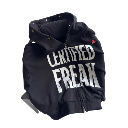 ASTT 25AW 爆裂字母印花寬松廓形五角星鉚釘短款連帽衛衣拉鍊開衫 ASTT 25AW 爆裂字母印花寬松廓形五角星鉚釘短款連帽衛衣拉鍊開衫