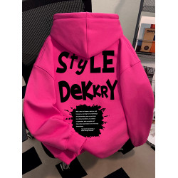 美式炸街新穎連帽火龍果色衛衣秋季男女款字母印花時髦上衣情侶裝