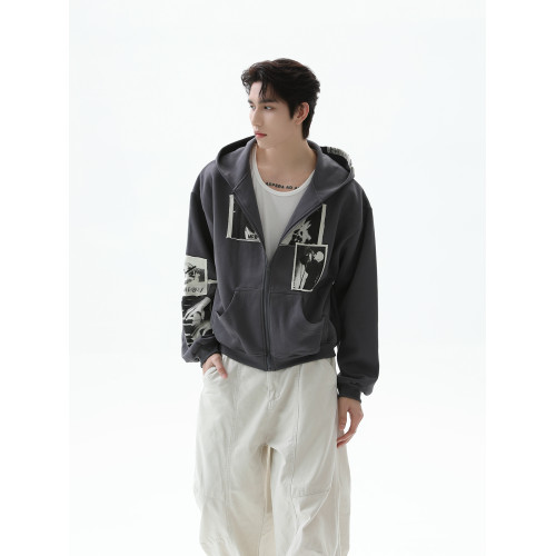 TURNTIDE 復古貼布印花連帽拉鍊衛衣男cleanfit休閒高級通勤外套