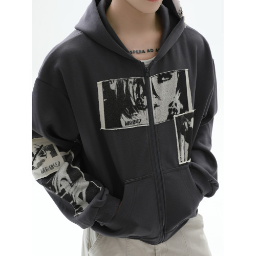 TURNTIDE 復古貼布印花連帽拉鍊衛衣男cleanfit休閒高級通勤外套