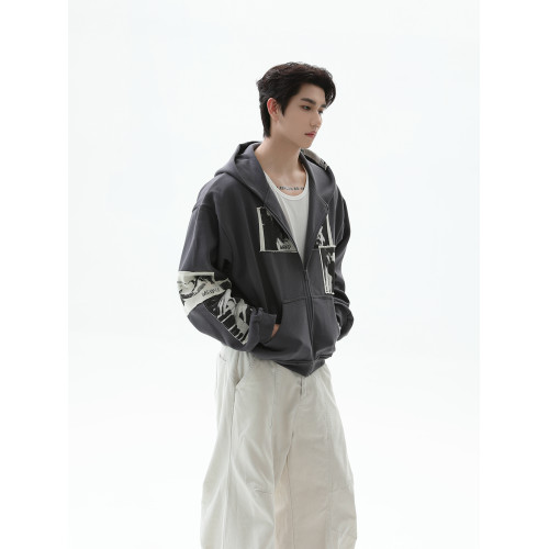 TURNTIDE 復古貼布印花連帽拉鍊衛衣男cleanfit休閒高級通勤外套