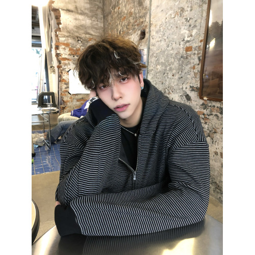 Xanvas條紋420g複合銀狐絨加絨連帽拉鍊衛衣外套短寬帽衫通勤百搭 Xanvas條紋420g複合銀狐絨加絨連帽拉鍊衛衣外套短寬帽衫通勤百搭