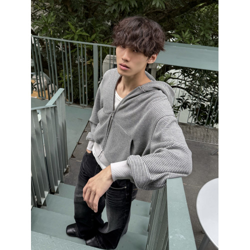 Xanvas條紋420g複合銀狐絨加絨連帽拉鍊衛衣外套短寬帽衫通勤百搭 Xanvas條紋420g複合銀狐絨加絨連帽拉鍊衛衣外套短寬帽衫通勤百搭