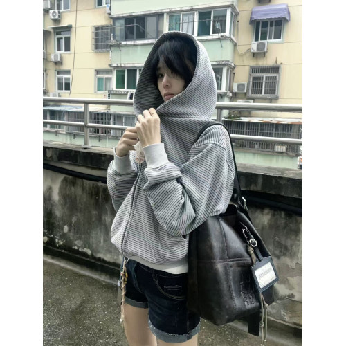 Xanvas條紋420g複合銀狐絨加絨連帽拉鍊衛衣外套短寬帽衫通勤百搭 Xanvas條紋420g複合銀狐絨加絨連帽拉鍊衛衣外套短寬帽衫通勤百搭