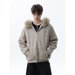 MRNEARLY秋季美式潮牌條紋可拆卸毛領拉鍊開衫衛衣男連帽情侶外套