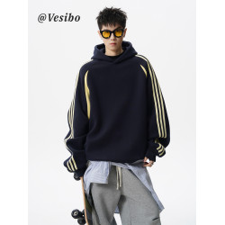 美式潮牌拼色連帽衛衣男款秋季復古寬松休閒上衣高街條紋運動帽衫