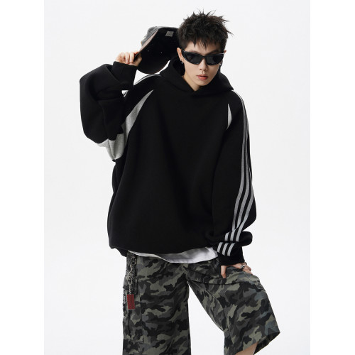 美式潮牌拼色連帽衛衣男款秋季復古寬松休閒上衣高街條紋運動帽衫 美式潮牌拼色連帽衛衣男款秋季復古寬松休閒上衣高街條紋運動帽衫