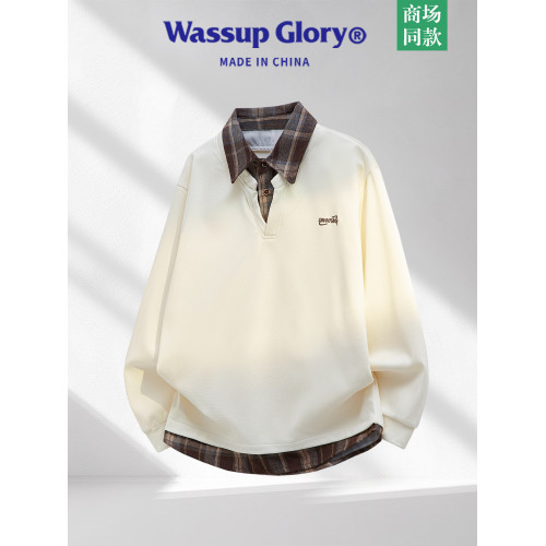 WASSUP GLORY美式復古假兩件衛衣男秋季襯衫領polo衫長袖刺綉上衣 WASSUP GLORY美式復古假兩件衛衣男秋季襯衫領polo衫長袖刺綉上衣
