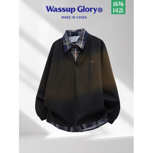 WASSUP GLORY美式復古假兩件衛衣男秋季襯衫領polo衫長袖刺綉上衣 WASSUP GLORY美式復古假兩件衛衣男秋季襯衫領polo衫長袖刺綉上衣