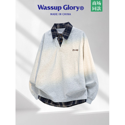 WASSUP GLORY美式復古假兩件衛衣男秋季襯衫領polo衫長袖刺綉上衣 WASSUP GLORY美式復古假兩件衛衣男秋季襯衫領polo衫長袖刺綉上衣
