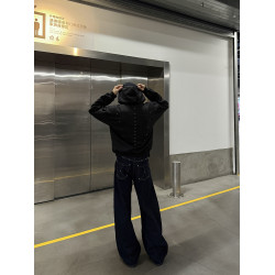 GMCS美式復古脊骨小衆金屬柳釘連帽衛衣做舊春秋休閒情侶上衣潮