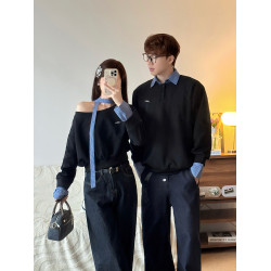 假兩件拼接衛衣秋季2025新款韓版長袖小衆露肩情侶裝一長一短上衣