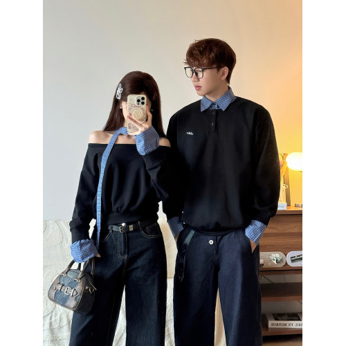 假兩件拼接衛衣秋季2025新款韓版長袖小衆露肩情侶裝一長一短上衣 假兩件拼接衛衣秋季2025新款韓版長袖小衆露肩情侶裝一長一短上衣