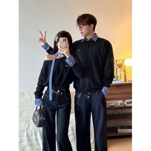 假兩件拼接衛衣秋季2025新款韓版長袖小衆露肩情侶裝一長一短上衣 假兩件拼接衛衣秋季2025新款韓版長袖小衆露肩情侶裝一長一短上衣