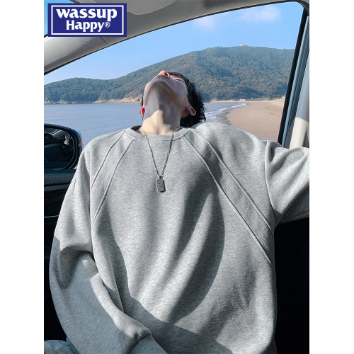 wassup happy美式潮牌重磅圓領衛衣男款秋冬季加絨加厚寬松上衣服 wassup happy美式潮牌重磅圓領衛衣男款秋冬季加絨加厚寬松上衣服