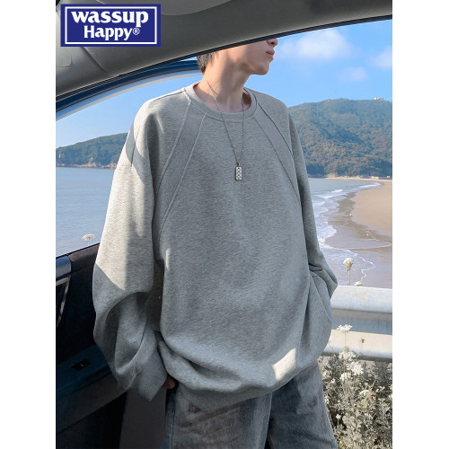 wassup happy美式潮牌重磅圓領衛衣男款秋冬季加絨加厚寬松上衣服 wassup happy美式潮牌重磅圓領衛衣男款秋冬季加絨加厚寬松上衣服