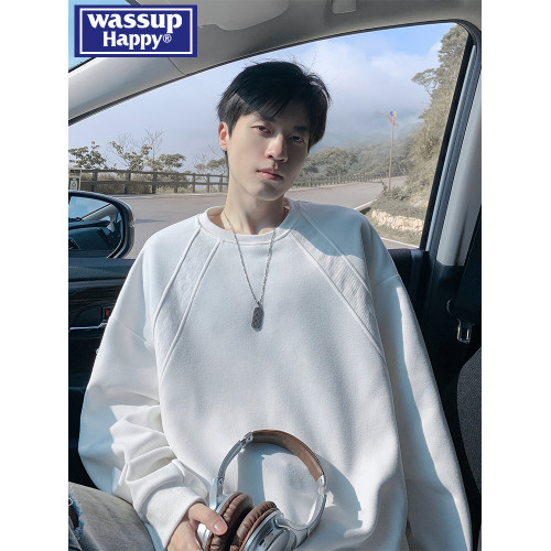 wassup happy美式潮牌重磅圓領衛衣男款秋冬季加絨加厚寬松上衣服 wassup happy美式潮牌重磅圓領衛衣男款秋冬季加絨加厚寬松上衣服