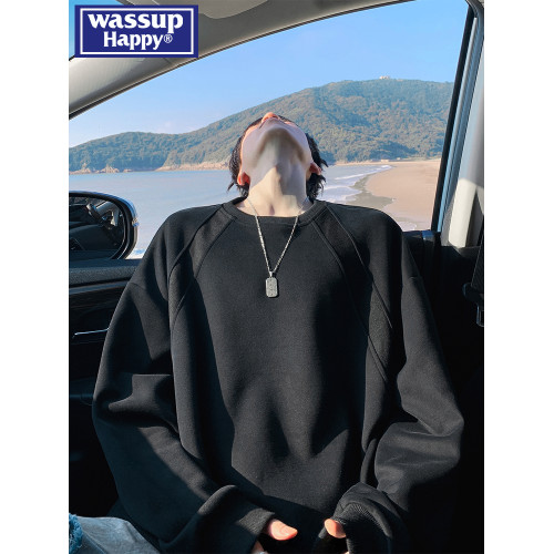 wassup happy美式潮牌重磅圓領衛衣男款秋冬季加絨加厚寬松上衣服 wassup happy美式潮牌重磅圓領衛衣男款秋冬季加絨加厚寬松上衣服