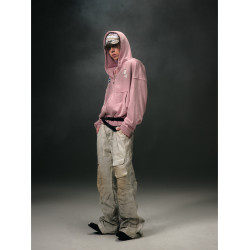 KLICKCLAK25AW 粉色噴髒泥染做舊水洗印花刺綉連帽拉鍊衛衣外套