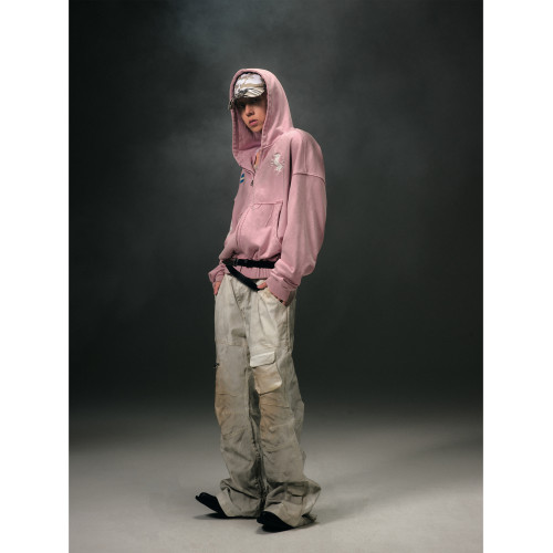 KLICKCLAK25AW 粉色噴髒泥染做舊水洗印花刺綉連帽拉鍊衛衣外套