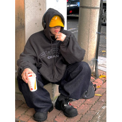 Aurocean 復古刺綉連帽衛衣 碳灰色重磅純棉寬版廓形帽衫