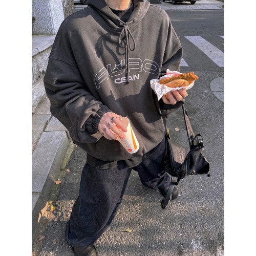 Aurocean 復古刺綉連帽衛衣 碳灰色重磅純棉寬版廓形帽衫 Aurocean 復古刺綉連帽衛衣 碳灰色重磅純棉寬版廓形帽衫