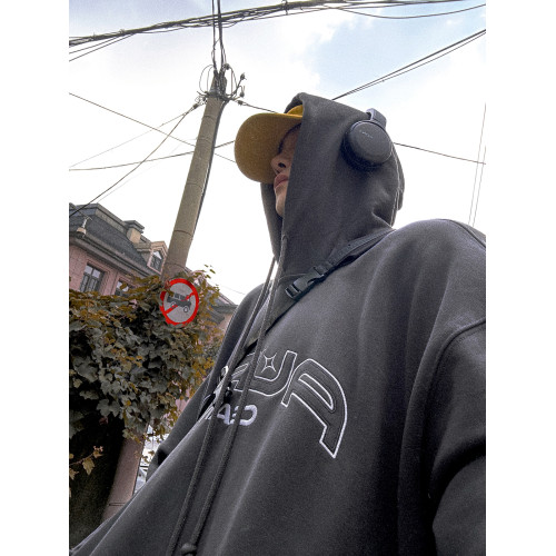 Aurocean 復古刺綉連帽衛衣 碳灰色重磅純棉寬版廓形帽衫 Aurocean 復古刺綉連帽衛衣 碳灰色重磅純棉寬版廓形帽衫