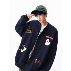 美式趣味毛巾綉慵懶衛衣開衫男秋季加絨加厚情侶外套寬松棒球服潮