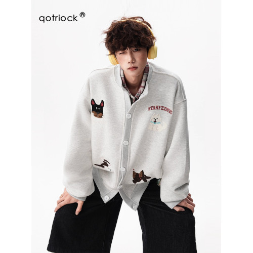 美式趣味毛巾綉慵懶衛衣開衫男秋季加絨加厚情侶外套寬松棒球服潮 美式趣味毛巾綉慵懶衛衣開衫男秋季加絨加厚情侶外套寬松棒球服潮