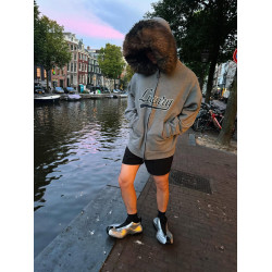 Luxury Script廓形深花灰色刺綉毛領連帽拉鍊衛衣Hooide