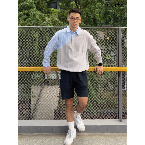 underplay原創設計hotnerd棉條紋天藍淺灰色假兩件拼接棉polo衛衣 underplay原創設計hotnerd棉條紋天藍淺灰色假兩件拼接棉polo衛衣
