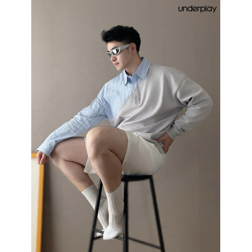 underplay原創設計hotnerd棉條紋天藍淺灰色假兩件拼接棉polo衛衣 underplay原創設計hotnerd棉條紋天藍淺灰色假兩件拼接棉polo衛衣